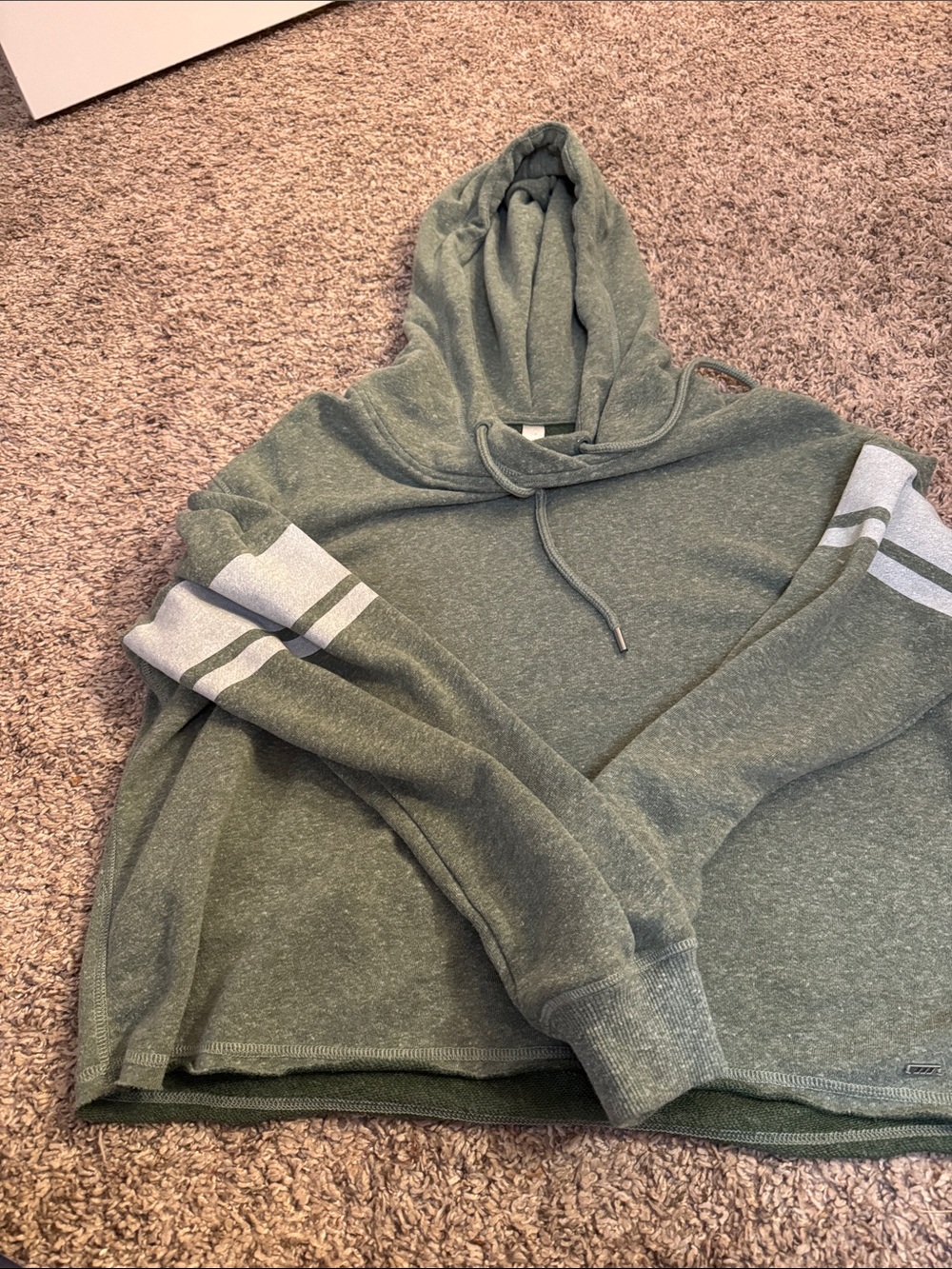Lorna Jane Cropped Olive Green Hooded Sweatshirt with White Sleeve Stripes